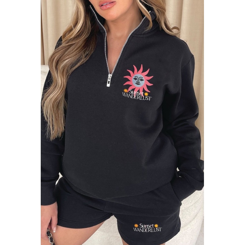 Sunset wanderlust Black embroidered 3/4 zip sweater loungewear set