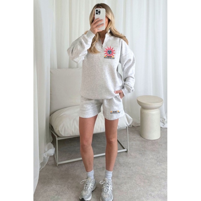 Sunset wanderlust marl grey embroidered 3/4 zip sweater loungewear set