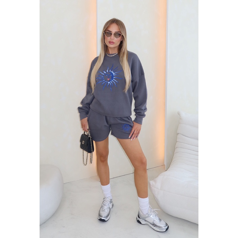 Sunshine steel grey embroidered sweater shorts loungewear