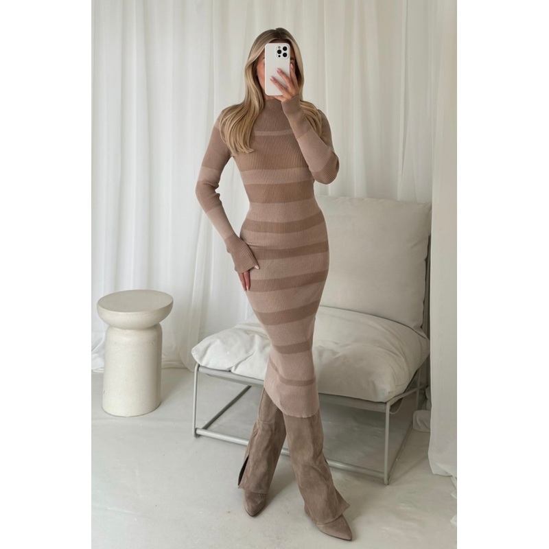 Emma beige striped knit mini dress