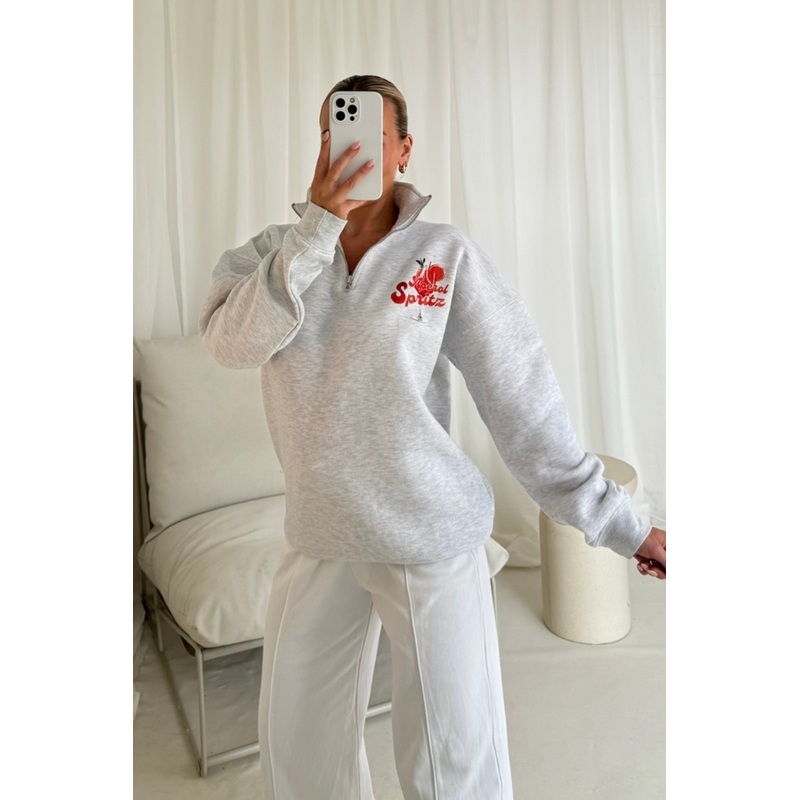 Aperol Spritz marl grey printed 3/4 zip sweater