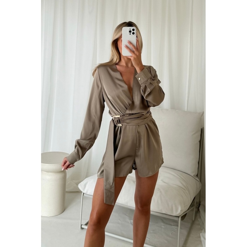 Skyler beige satin belted playsuit