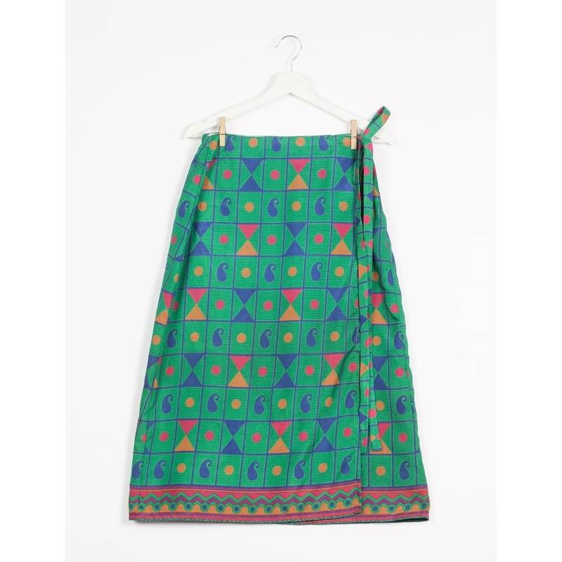 Long Wraparound Skirt - Green Geometric