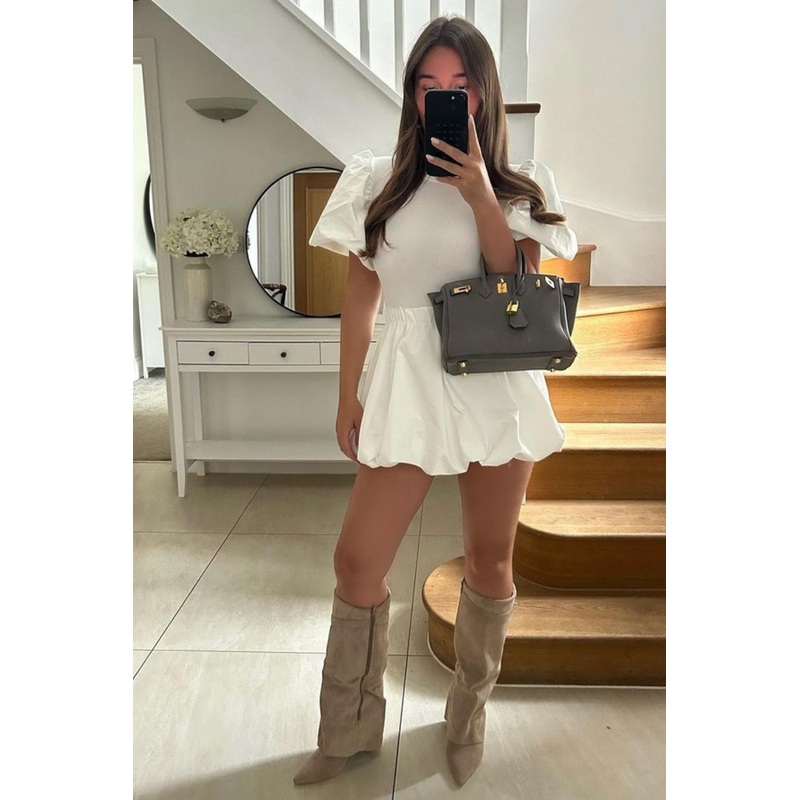 Maddie white puffball ribbed mini dress