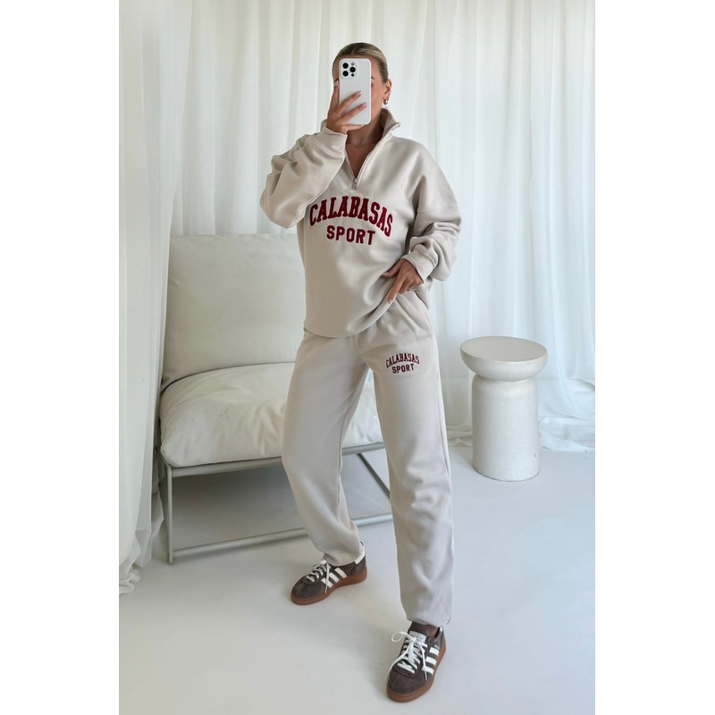 Calabasas bone and burgundy embroidered 3/4 sweater and jogger set