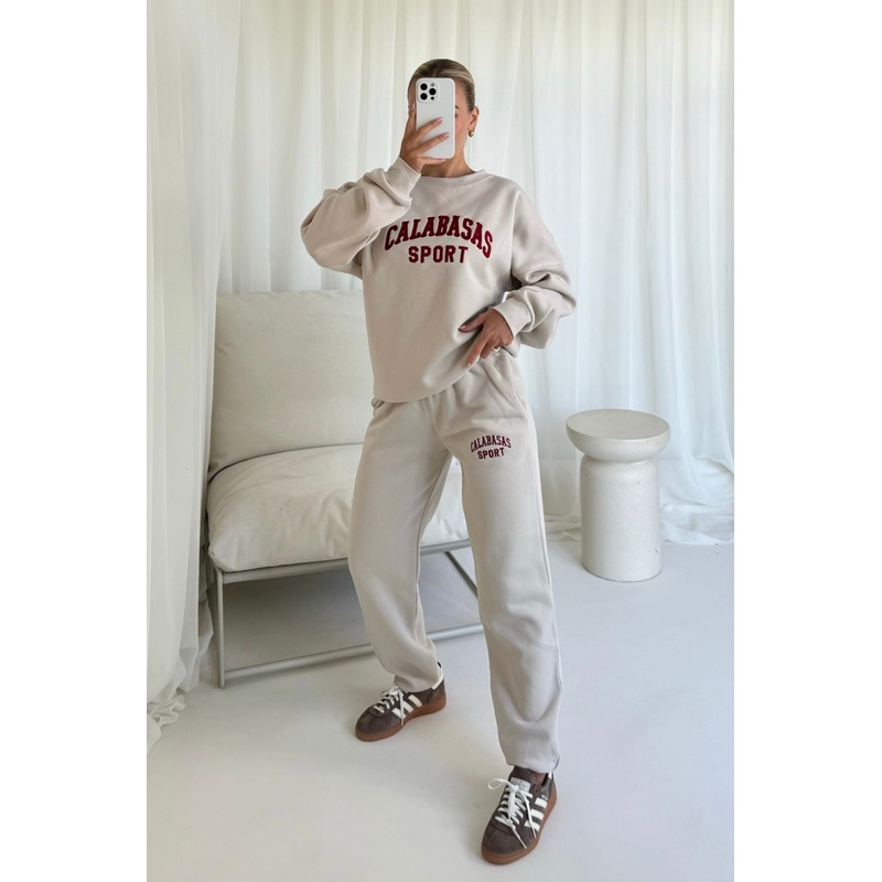 Calabasas bone and burgundy embroidered sweater joggers loungewear