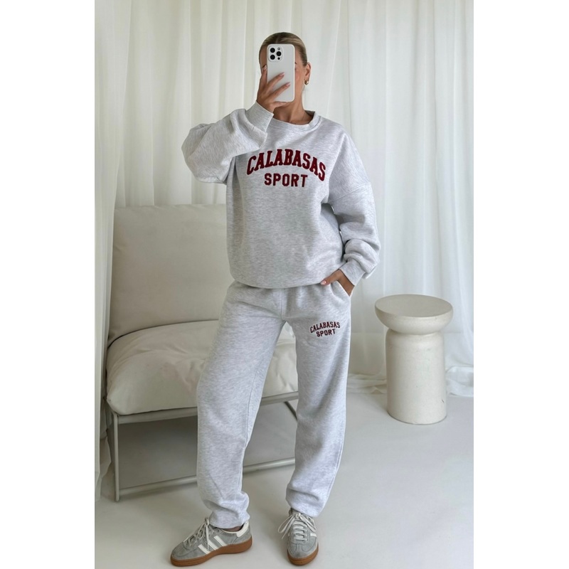 Calabasas marl grey burgundy embroidered sweater joggers loungewear