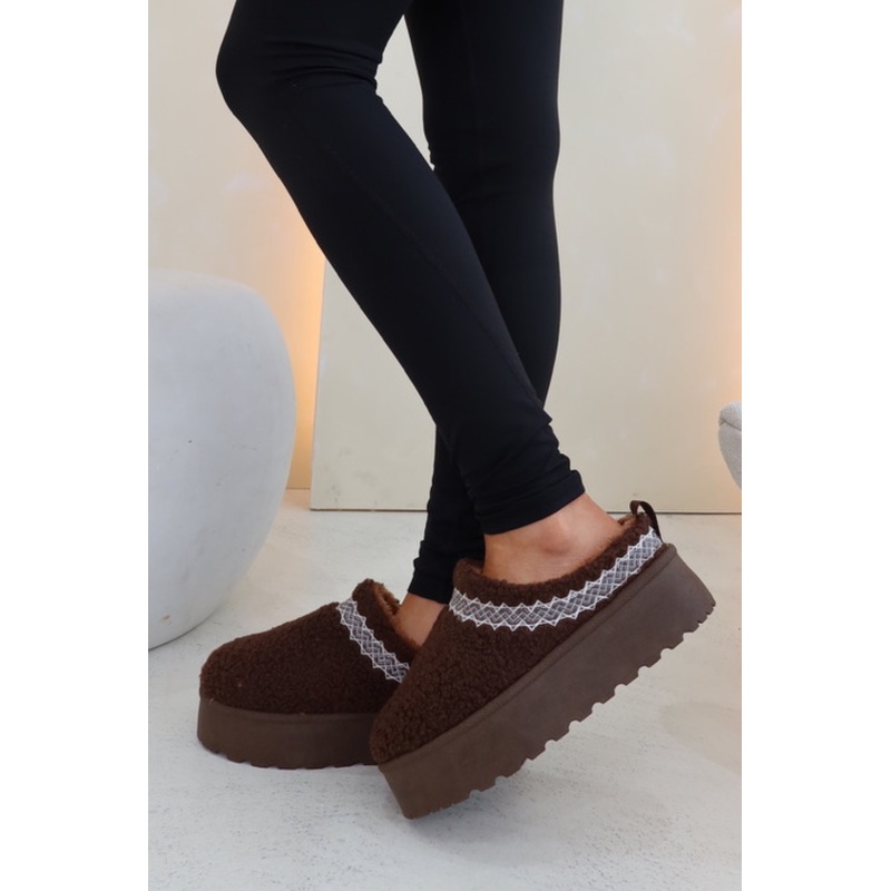 Alba chocolate teddy platform mules