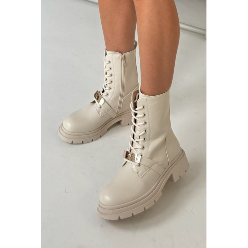 Natasha cream buckle biker boots
