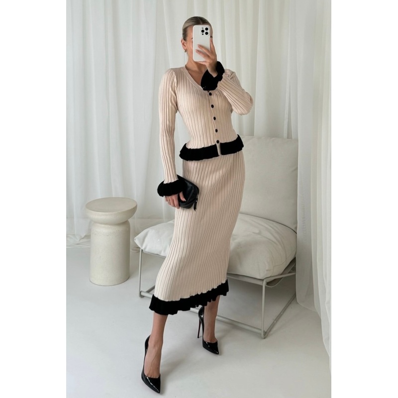 Bonnie beige knit cardigan and midi skirt set