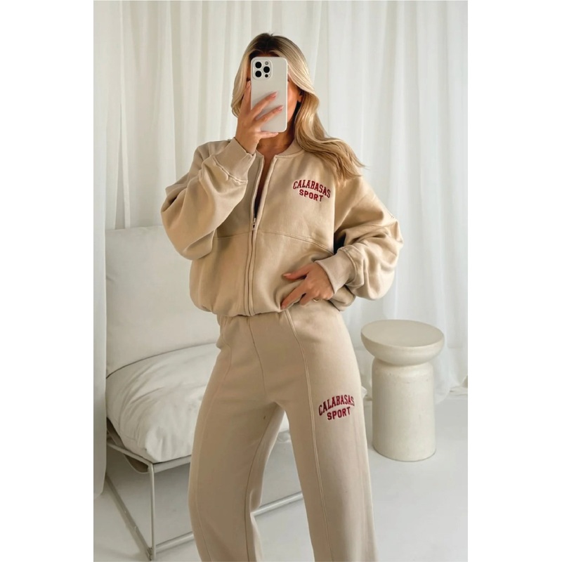 Calabasas beige embroidered bomber jogger loungewear