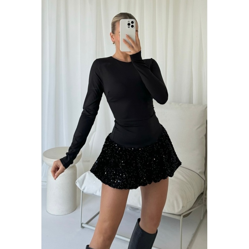 Molly black sequin puffball mini dress
