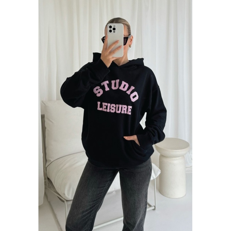 Studio leisure college black printed hoodie