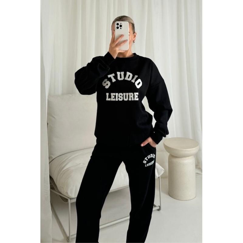 Studio leisure college black printed sweater joggers loungewear