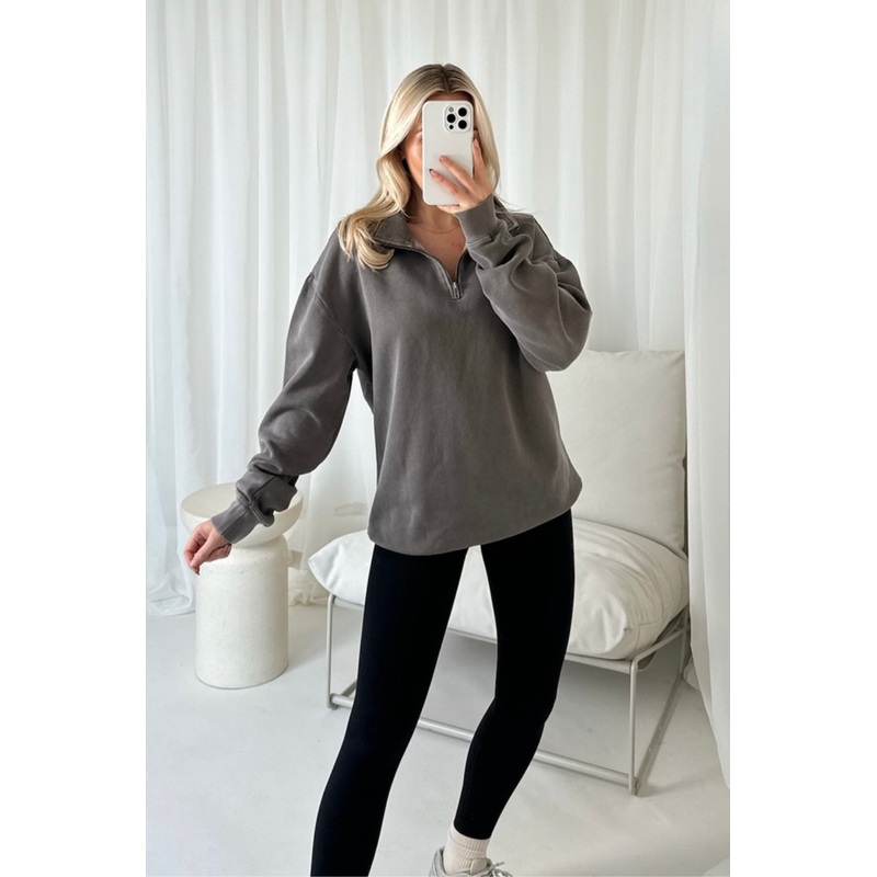 Ada grey acid wash 3/4 zip sweater and ultimate legging set