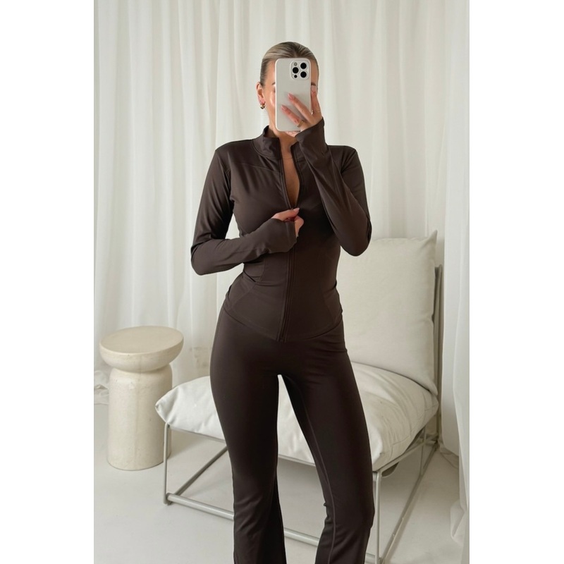Livvy chocolate zip jacket and ruched bum flares