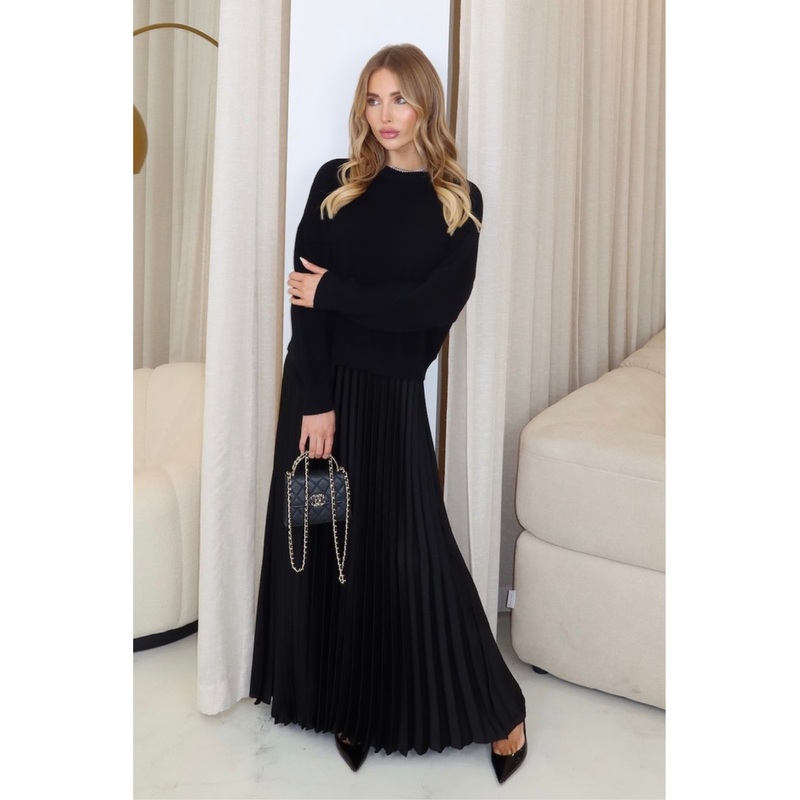 Stacie black pleated long sweater dress