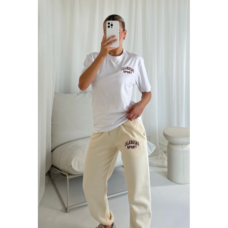 Calabasas sport burgundy embroidered t-shirt and ecru jogger