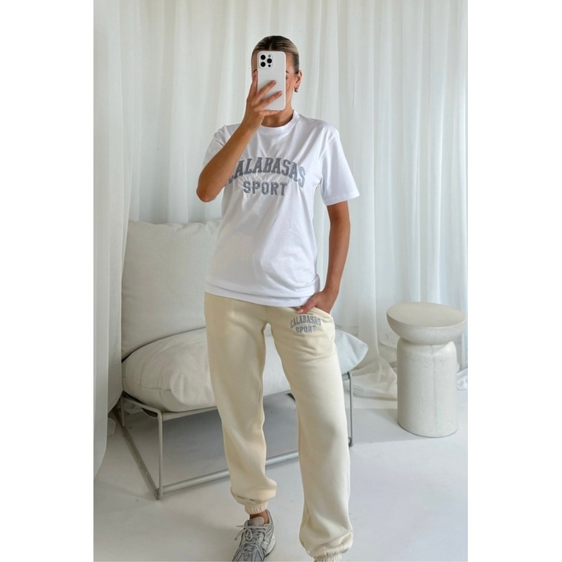 Calabasas sport grey embroidered t-shirt and ecru jogger