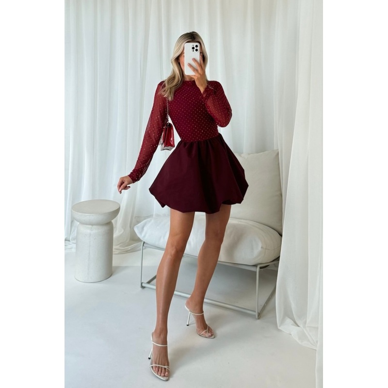 Faye burgundy diamante mesh puffball dress