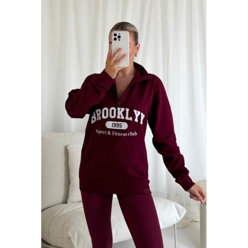 Brooklyn burgundy printed 3/4 zip sweater