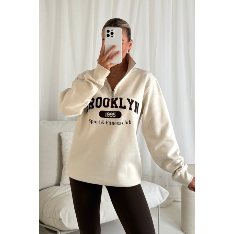 Brooklyn ecru printed 3/4 zip sweater