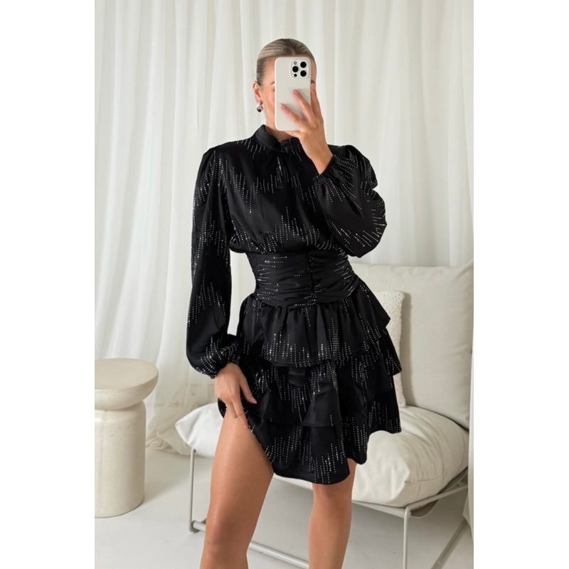 Perrie black satin diamante tiered dress