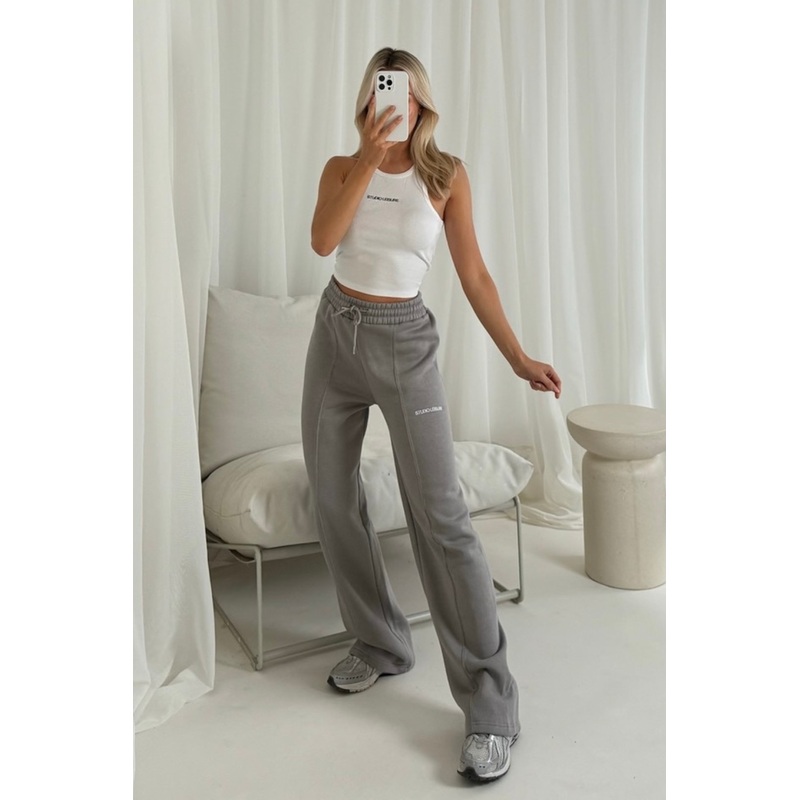 Studio leisure white embroidered vest and grey straight leg jogger