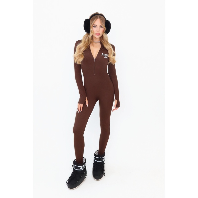 Apres ski chocolate embroidered ribbed unitard