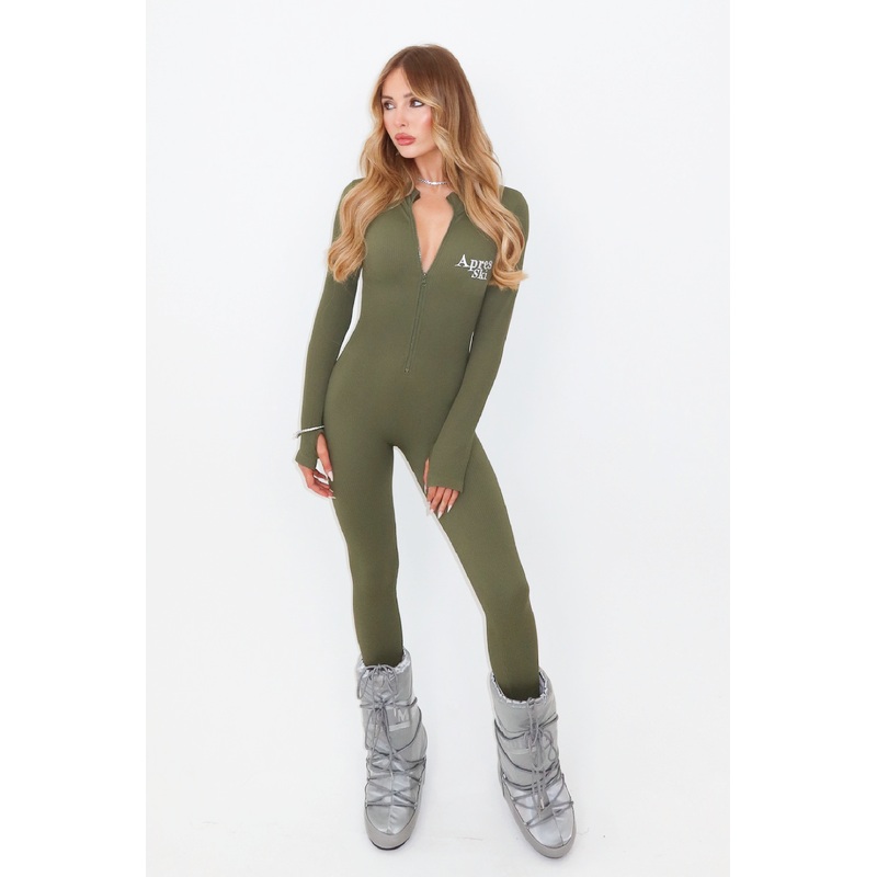 Apres ski khaki embroidered ribbed unitard