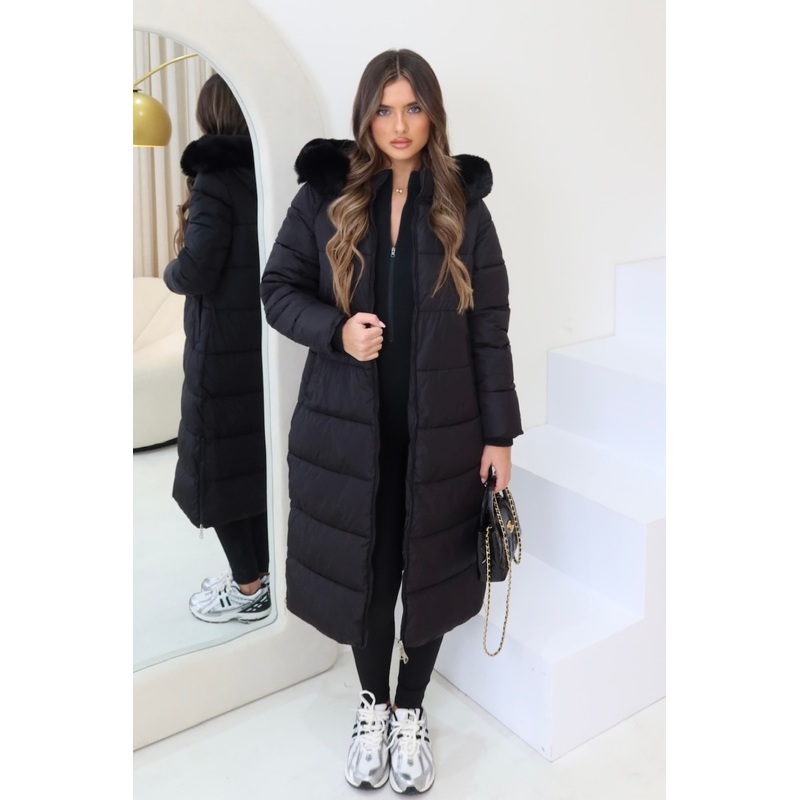 Adele black long faux fur hooded puffer coat