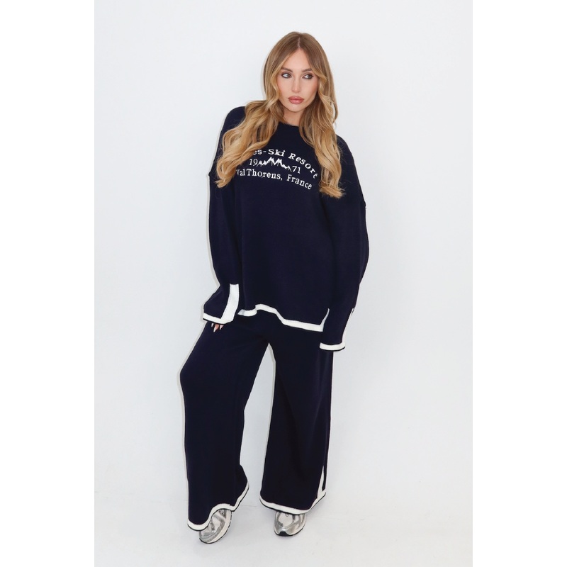 Apres Ski navy embroidered knitted jumper and trousers
