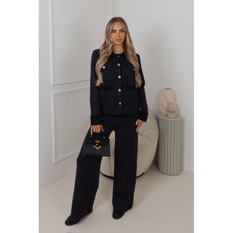 Ashley navy patterned cardigan trouser knitted co-ord