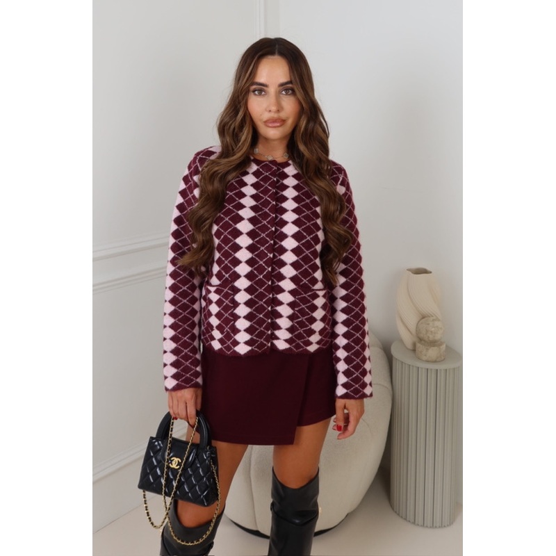 Charlie burgundy knitted checked cardigan
