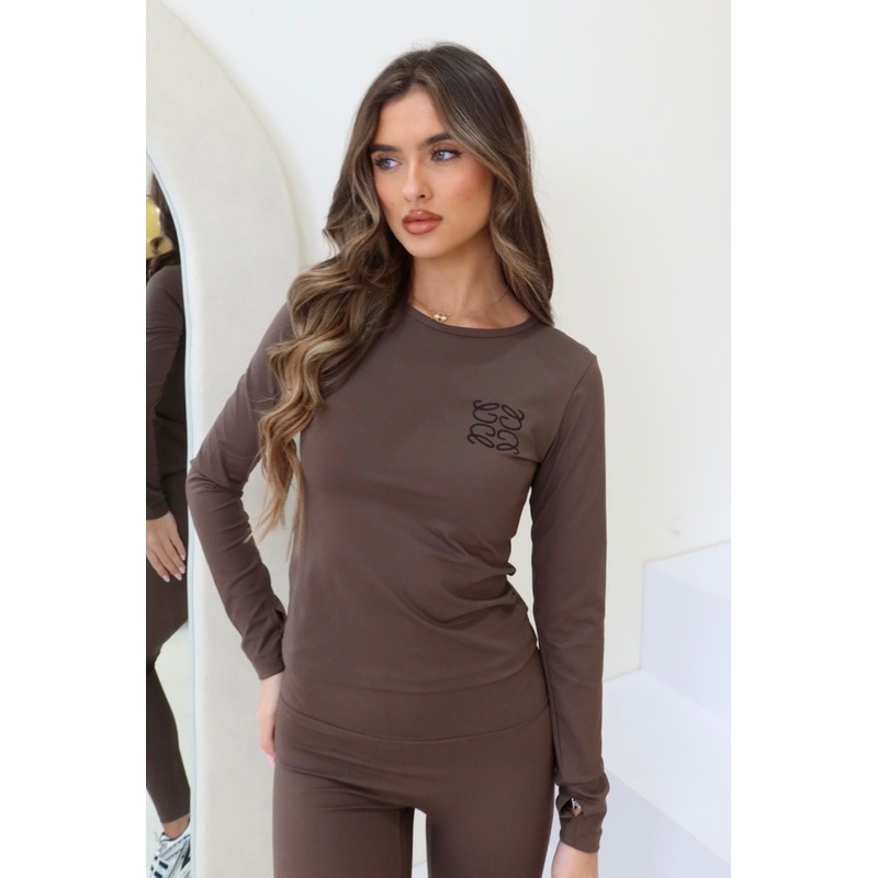 GeGe embroidered chocolate long sleeve active gymwear set