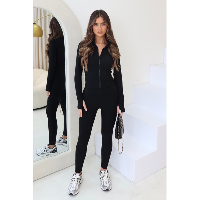 Kim black ribbed zip jacket and legging activewear set