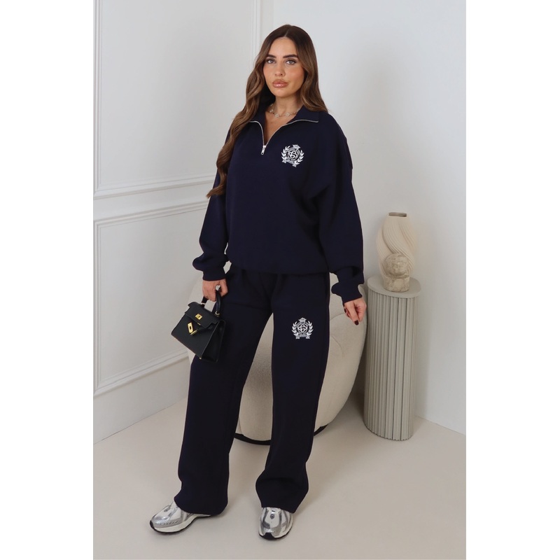 ST MORITZ NAVY EMBROIDERED 3/4 ZIP & STRAIGHT LEG TROUSERS LOUNGEWEAR