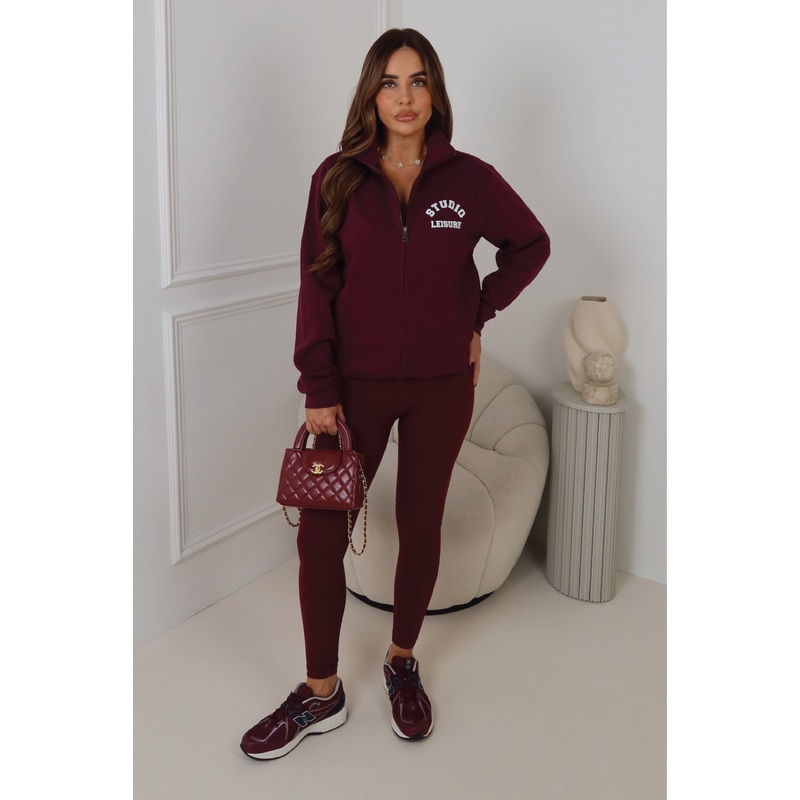 STUDIO LEISURE BURGUNDY PRINTED FILL ZIP JACKET LEGGINGS SET