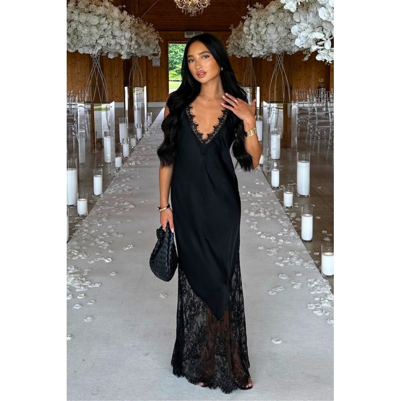 Tiah black satin lace trim maxi dress