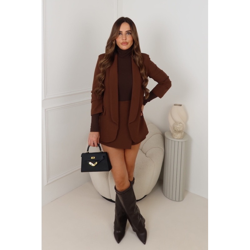 VALENCIA CHOCOLATE RUCHED SLEEVE BLAZER