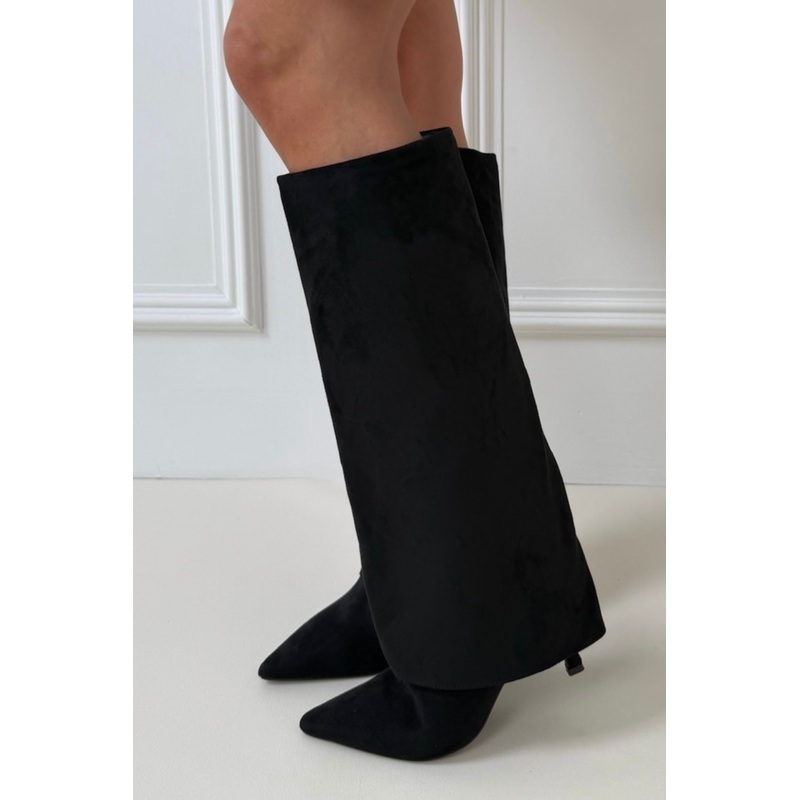 Brooke black faux suede knee high heeled boots