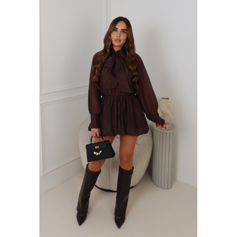 LORNA CHOCOLATE SHEER BOW NECK TIE DRESS