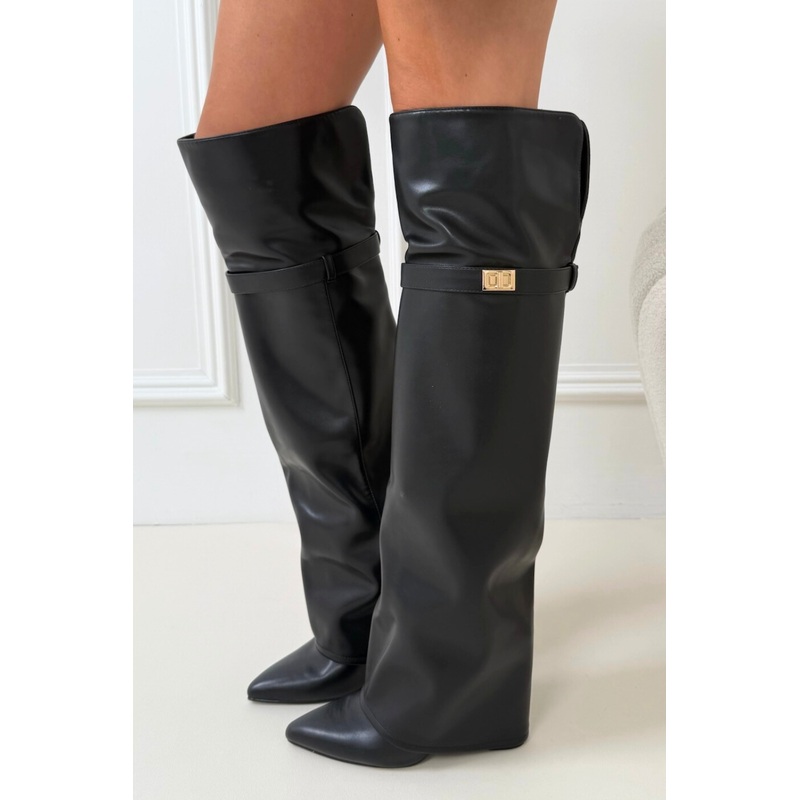 Cassidy black thigh high fold over heeled boots