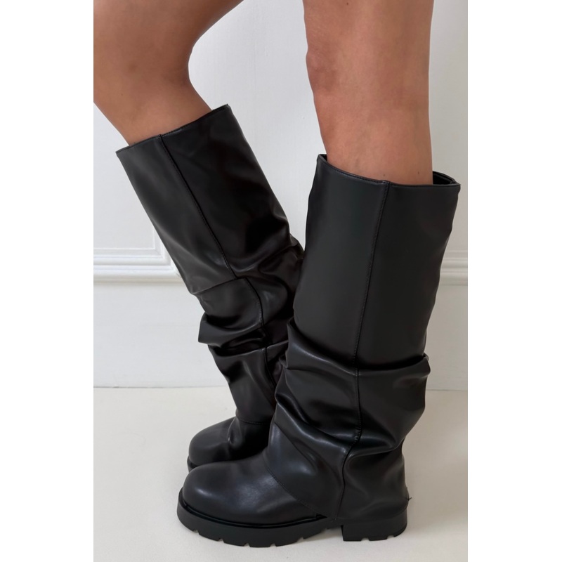 Emilia Black faux leather ruched fold over flat boots