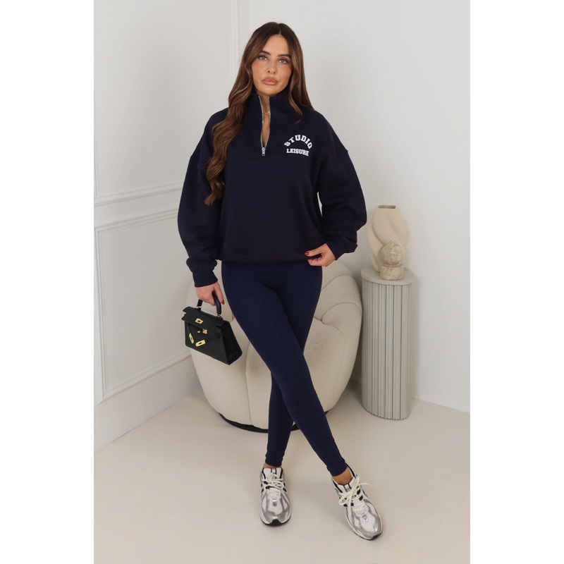 Studio Leisure navy printed 3/4 zip sweater legging set