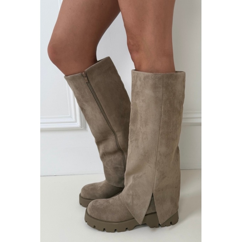 Alivia beige faux suede knee high flat boots