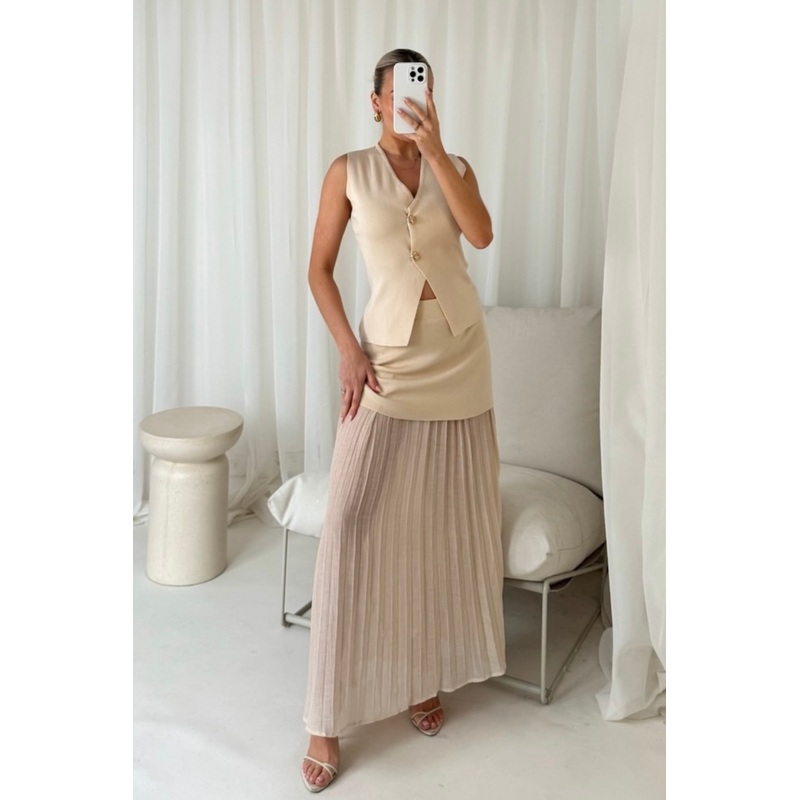 Sandy cream knit waistcoat & pleated sheer maxi skirt
