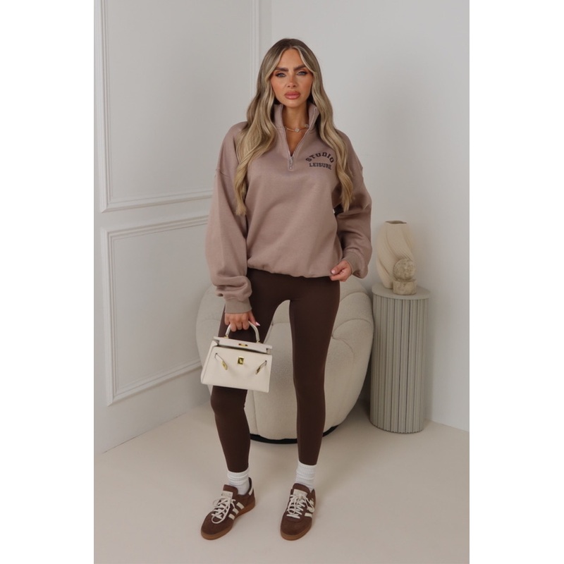 Studio Leisure mocha printed 3/4 zip sweater legging set
