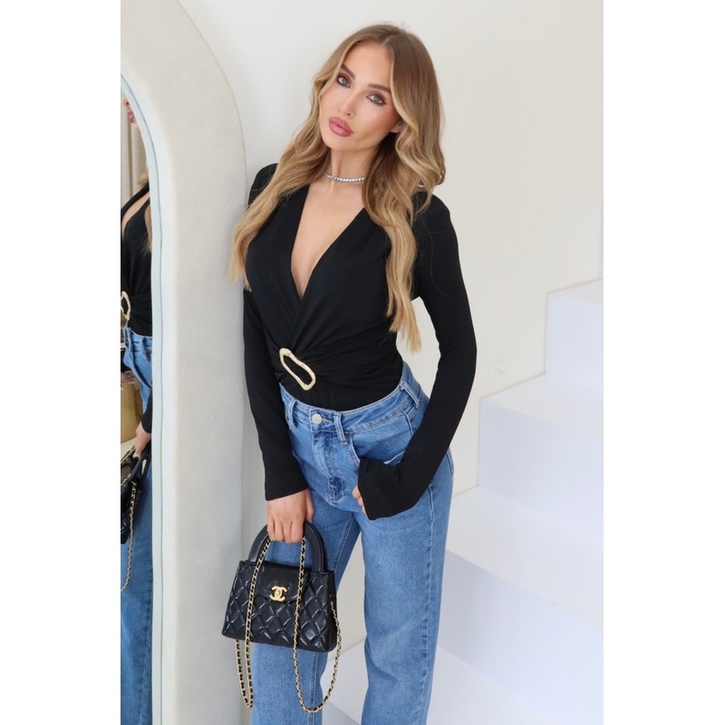 Natasha black plunge v-neck bodysuit