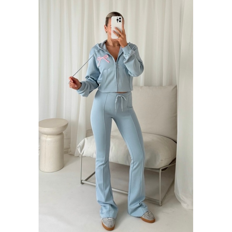 Bow embroidered blue cropped hoodie & flared leg jogger loungewear